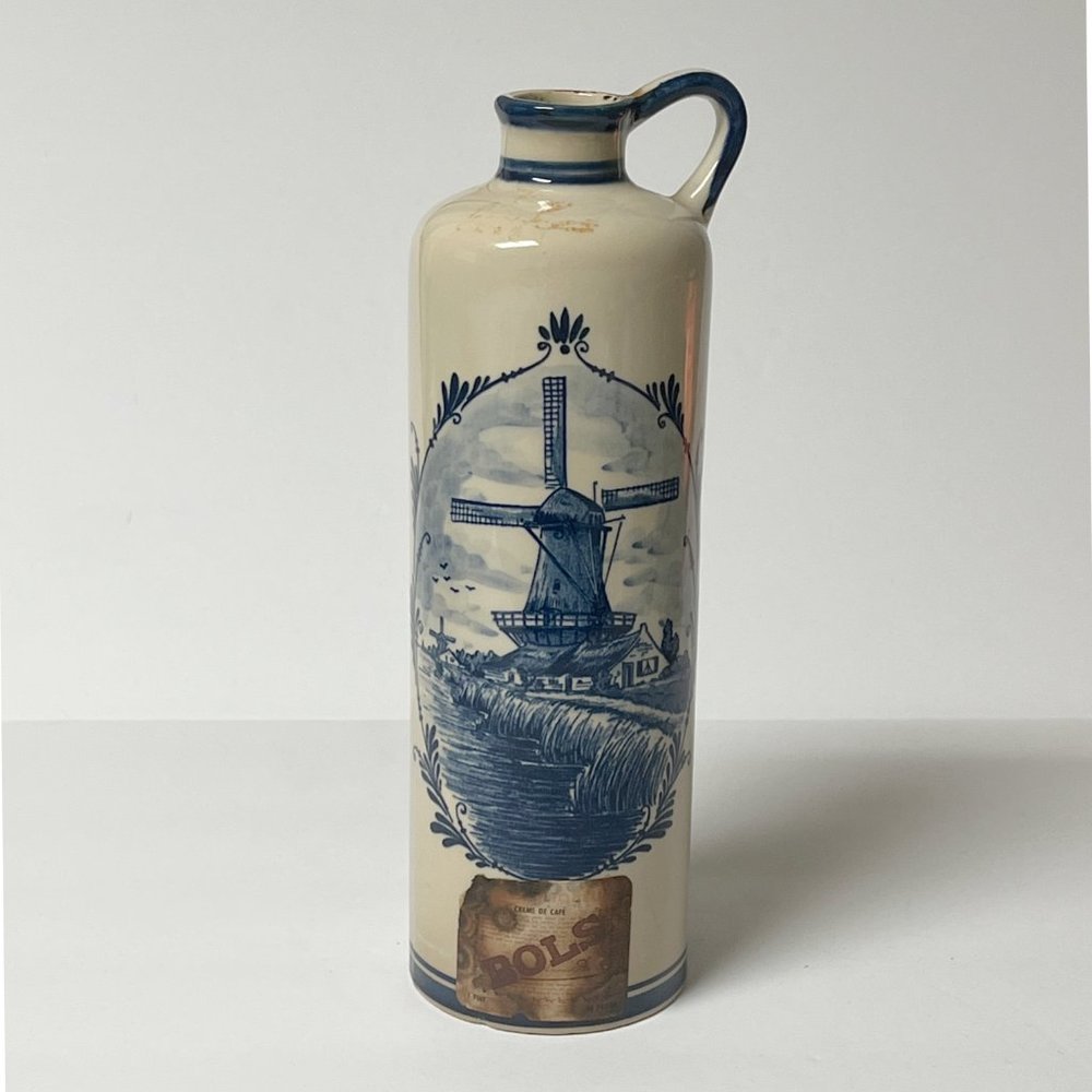 Vintage Decanter, BOLS Delft Blue White Ceramic, 9" tall